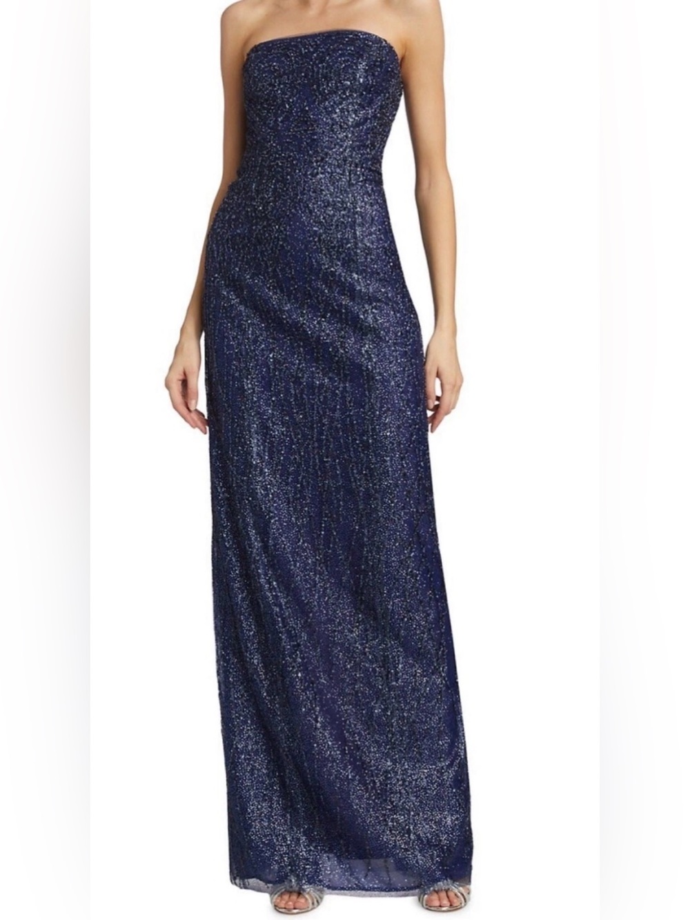 Marchesa Notte Sequin Gown Cape Navy Blue Strapless Embellished Column Sz 16